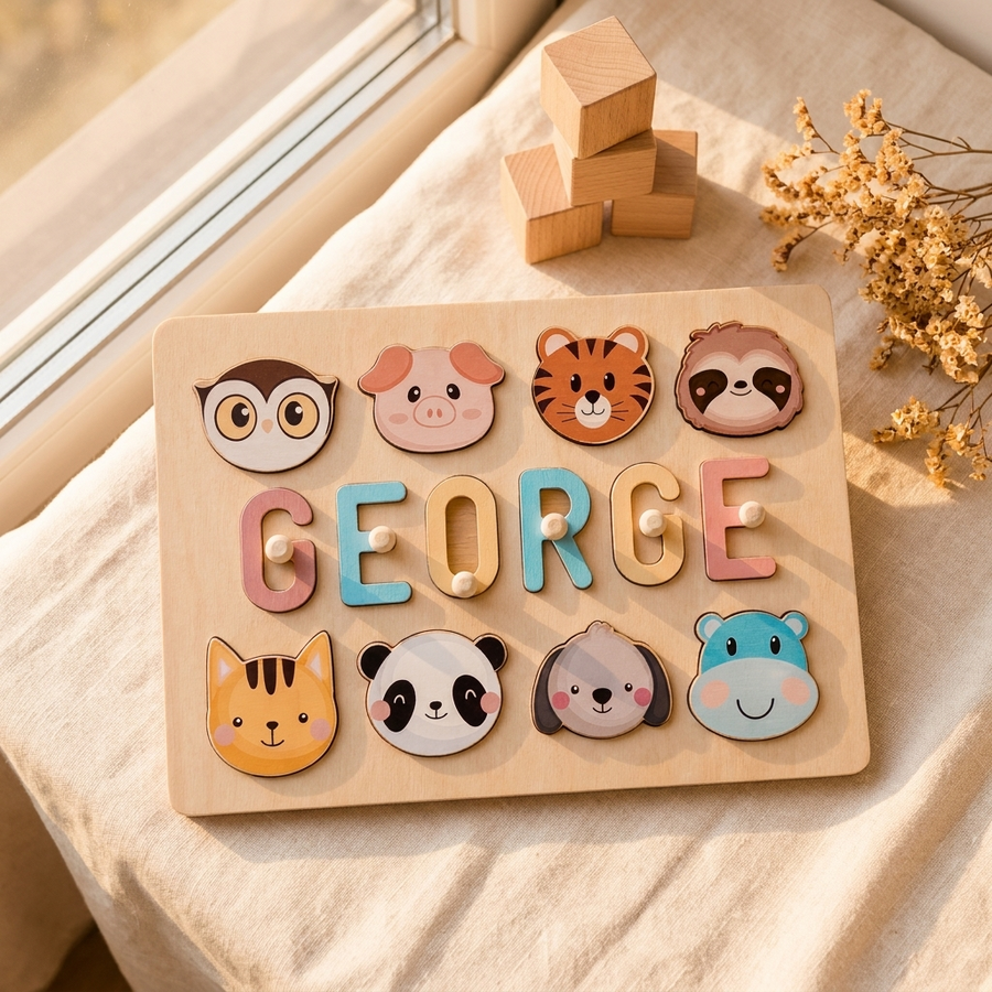 Personalised wooden name puzzle spelling George with animal pieces in golden window light