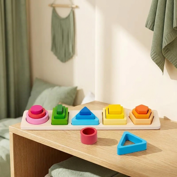 Wooden Montessori sorting and stacking shape blocks toy