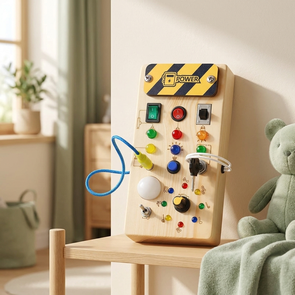 Wooden Montessori LED sensory busy board with latches, gears and light panel