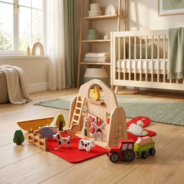 Wooden foldable barn farm playset with animals