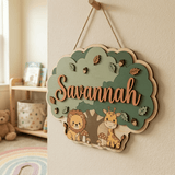 Layered wooden name sign with the name Savannah on a woodland tree design