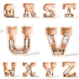 Wooden letter-shaped piggy banks Q to Z with clear coin windows