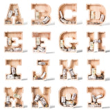 Wooden letter-shaped piggy banks A to P with clear coin windows