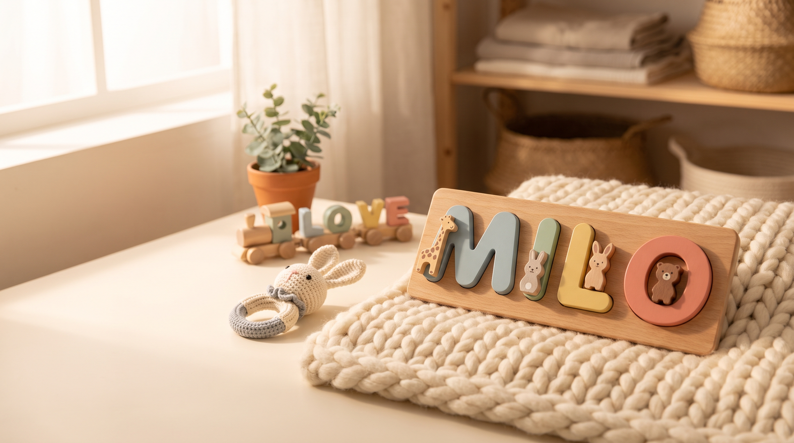Personalised wooden name puzzle spelling MILO on a soft knit blanket in a warm nursery - Baby Mango