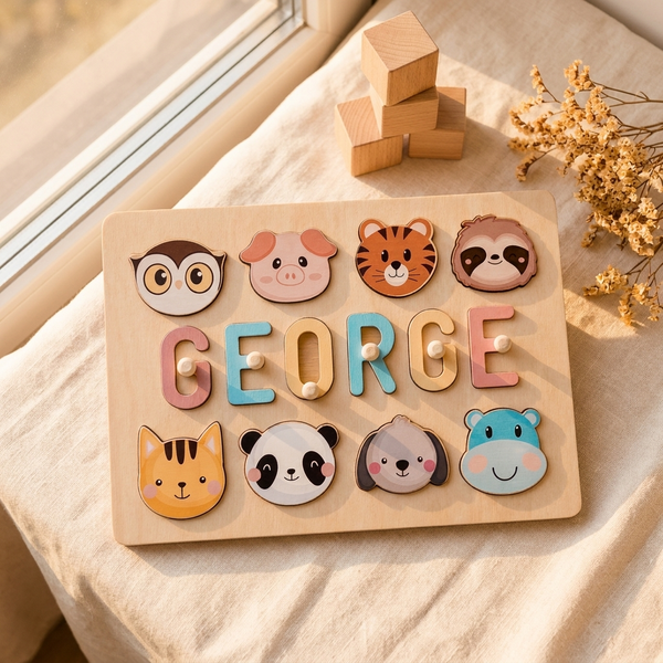 Personalised wooden name puzzle spelling George with animal pieces in golden window light