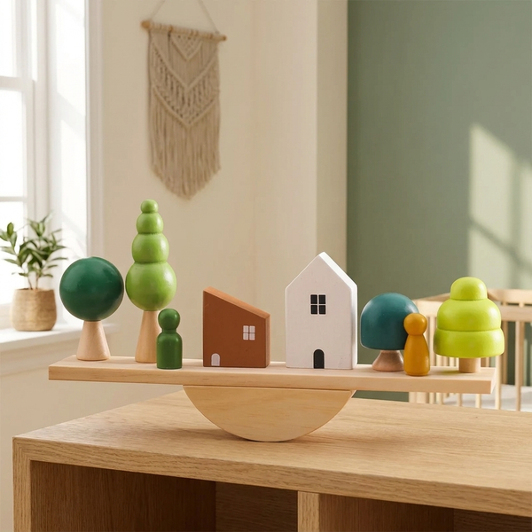 Wooden forest house stacking sensory toy in soft nursery tones