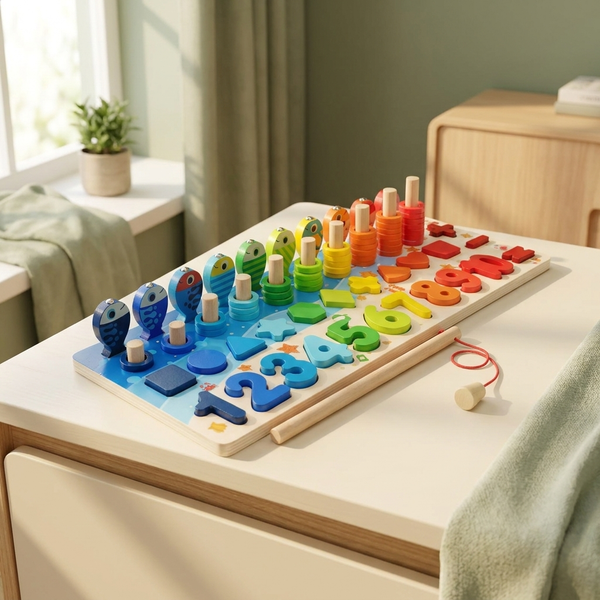 Wooden Montessori math fishing and counting toy with numbers and magnetic fish